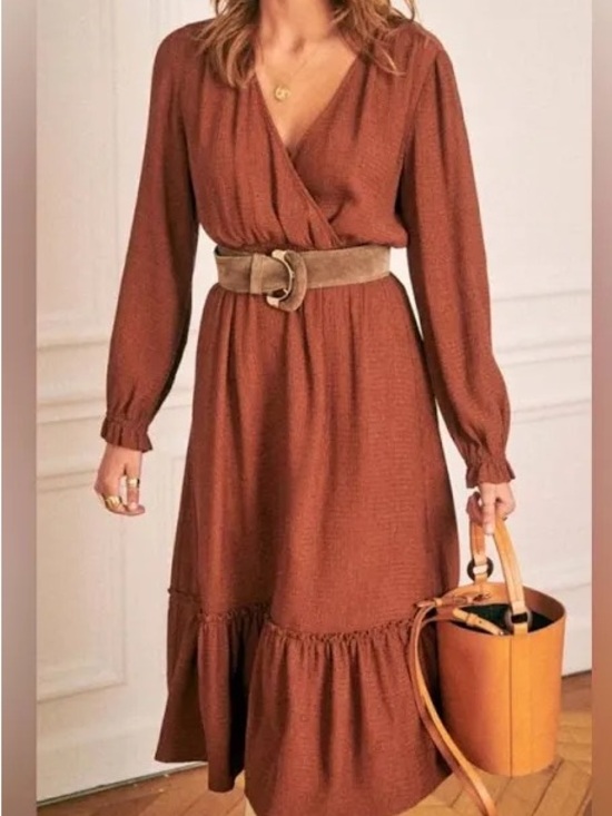 Sezane Dresses & Skirts - Sezane Tatiane Midi Textured Dress V-neck Ruffle Boho Quiet Luxury , size 6 US